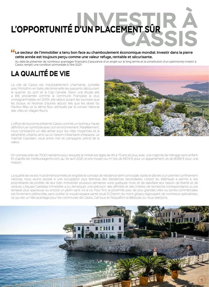 Double page Investir à Cassis de la plaquette Castellas Immobilier