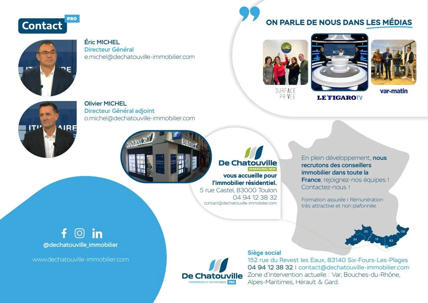 Page contact de la plaquette De Chatouville avec présence médias