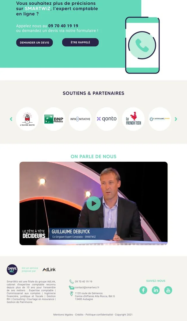 Bas de la page SmartWiz : témoignages, partenaires et contact